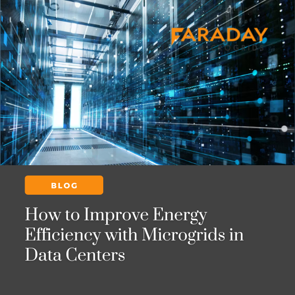 Illustration of a modern data center powered by a microgrid, showing solar panels, battery storage, and fuel cells working together to provide reliable, efficient, and cost-saving energy.